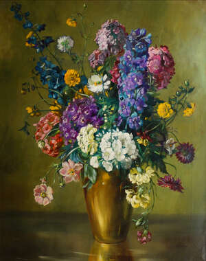 
	
		Cecil Kennedy, 
		British 1905-1997- 
		 
		Profusion of Summer Flowers; 
		 
		oil...