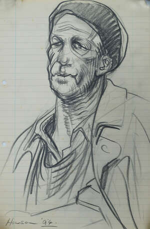 Peter Howson OBE, 
		Scottish b.1958- 
		 
		Bosnian man;
		 
		pencil on ruled paper, signed and dated 94, 29.5x21cm, (unframed) (ARR)
		 
		Provena