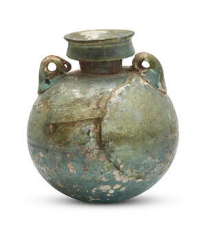 
	
		A Roman bluish-green aryballos, 1st-2nd century A.D., with a collar rim, short...