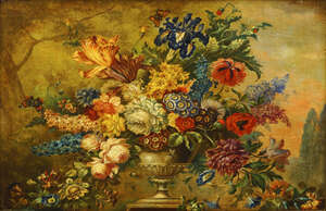 
	
		Victor Wrigglesworth,
		British early/mid 20th century-
		 
		Flowers in an urn on a...