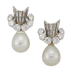 
	
		A pair of cultured pearl and diamond earrings, each pear shaped cultured pearl detachable...