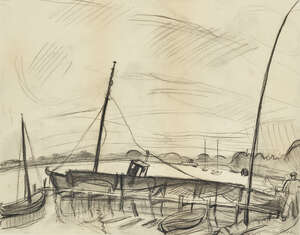 
	
		Martin Bloch,
		Polish/British 1883-1954-
		 
		Harbour scene;
		 
		charcoal on buff...