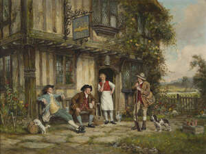 
	
		Frank Moss Bennett, 
		British 1874-1952- 
		Outside the Fish Inn, 
		oil on canvas,...