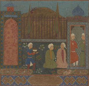 A Turkmen-style painting of visitors at a shrine, Iran, 19th century, gouache on paper...