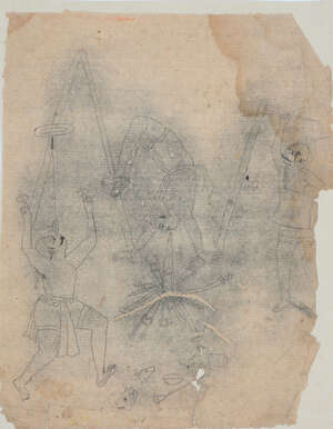 
	
		Three acrobats, probably on the theme of Deskah Raga, Jaipur, circa 1780-1800, ink on...