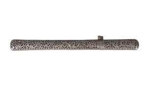 
	
		A Tibetan steel travelling pen case, 19th century, pierced to one side with dragons...