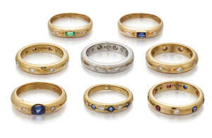 
	
		A group of eight gem-set and diamond band rings, including three band rings by Theo...