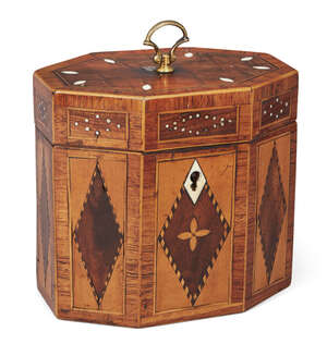 
	
		A George III satinwood and walnut inlaid octagonal tea caddy, the top with brass handle...