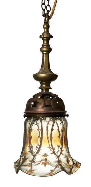 
	
		An English Opalescent glass hanging light, probably Stourbridge, with brass mounts   
		