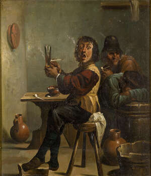 Manner of Adriaen Brouwer, 
		mid-19th century- 
		 
		Men drinking and smoking in an interior; 
		 
		oil on canvas, 28.5x24.5cm 
		 
		 