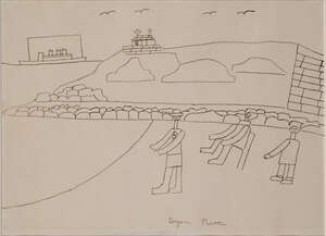 
	
		Bryan Pearce, 
		British 1929-2007 - 
		 
		Figures on the beach (recto), moored boats...