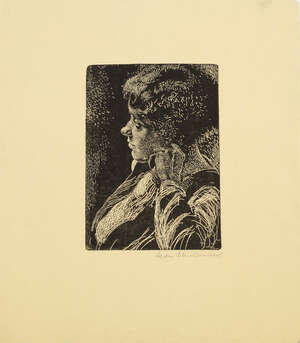 Leon Underwood, 
		British 1890-1975- 
		 
		Portrait of a Young Woman; 
		 
		white line etching on laid, signed in pencil, plate 13.5 x 8.5 cm (unfram