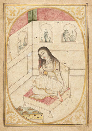 
	
		A lady arranging her hair, a series from a Ragamala painting, Kangra, circa 1820, opaque...