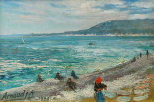 
	
		Arnaud, French School, early-mid 20th century- The beach in Nice; oil on canvas board,...