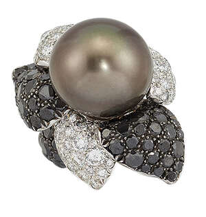 
	
		A cultured pearl, diamond and coloured diamond ring, by De Grisogono, of flowerhead...