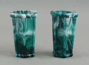 A pair of Victorian green and white opaline glass vases, of hexagonal form, with ribbed edges, 11cm high (2)
		 