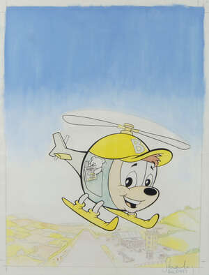 
	
		Barrie Appleby, British 1909-1996- Budgie The Little Helicopter, mixed media on wove...
