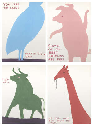 
	
		David Shrigley OBE, 
		British b.1968-
		 
		Animals Series, 2020;
		 
		four offset...