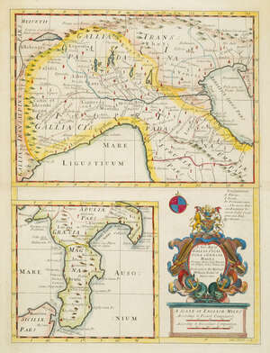 Sutton Nicholls, 
		British 1689-1729- 
		 
		A New Map of Gallia Cisalpina & Graecia Magna, their cheif divisions, people, cities, towns &c.; 
		 
		ha
