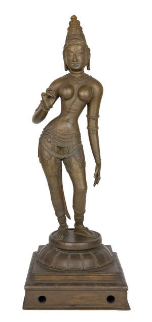 
	
		A large bronze statue of Parvati, South India, late 19th-early 20th century, on a square...