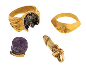 
	
		An amethyst cameo ring, a seal ring and a pendant, all in the ancient style, the amethyst...