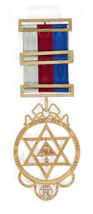 
	
		A gold Masonic Royal Arch Chapter jewel, 19th century, designed with open-work masonic...
