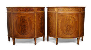 
	
		A pair of Edwardian flame mahogany demi lune cabinets, with single drawer over cupboard...