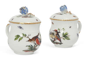 
	
		A pair of Meissen custard cups with covers, c. 1763-44, the covers with blue tinted rose...