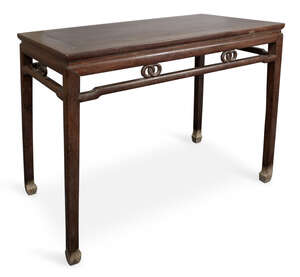 
	
		A Chinese hardwood rectangular side table, late Qing dynasty, with openwork frieze on...