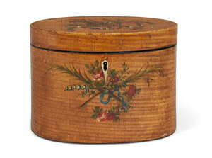 
	
		A George III painted satinwood oval tea caddy, the top decorated with birds in a nest,...