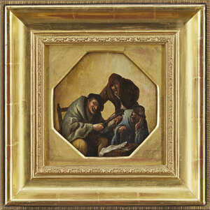 Follower Adriaen Brouwer, 
 
18th century-
 
Musician and two other figures;
 
oil on octagonal...
