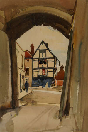 Charles Goddard Napier RSW,
		British 1889-1978-
		 
		From the Side entrance of Canterbury Cathedral;
		 
		watercolour, signed, 47x31.5cm (framed) (AR