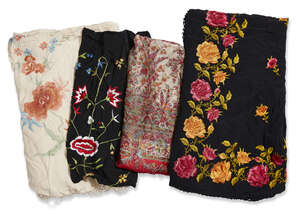
	
		A 1920s Chinese silk embroidered shawl, worked in coloured silks with a double sided...