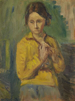 
	
		Martin Kaalund-Jorgensen, 
		Danish 1889-1952 - 
		 
		Portrait of Kirsten in a yellow...
