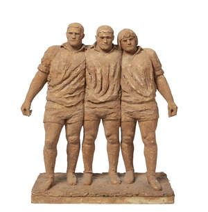 John Bonar Dunlop ARBS,
		New Zealander/British 1916-1992-
		 
		Front Row, & Ball Loose;
		 
		painted plaster, two, 47x17.5x37.5cm and 35x49x36cm resp