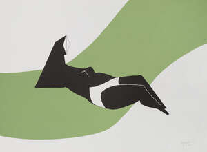 
	
		Lynn Chadwick CBE RA,
		British 1914-2003-
		 
		Reclining Figure on Green Wave,...