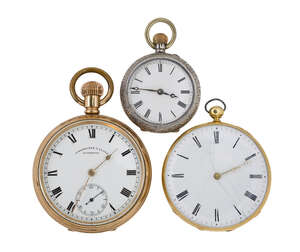 A 19th century gold openface pocket watch, a rolled gold pocket watch and a silver fob watch, the openface watch with white enamel dial (cracked) with Roman nu