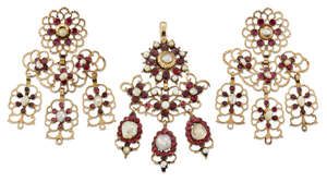 
	
		A late 19th century Iberian gold, garnet and pearl pendant and pair of pendent earrings,...