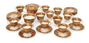 
	
		A Japanese Satsuma coffee service by Kinkozan, Meiji period, comprising thirteen cups,...