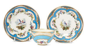 
	
		A pair of Sevres porcelain saucers, 18th century, possibly with later decoration, painted...
