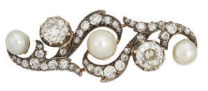 
	
		A late 19th century pearl and diamond brooch, of old-cut diamond scroll design with...