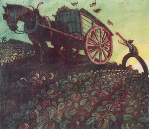 Sybil Andrews CPE,&nbsp;British/Canadian 1898-1992,&nbsp;Mangolds, 1956;&nbsp;linocut in colours on paper,&nbsp;signed,...