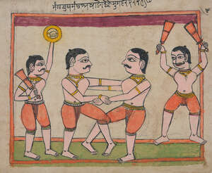 
	
		 A folk painting of a group of wrestlers, Rajasthan, India, late 19th century, opaque...