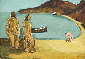 Elizabeth Irving Watson, 
		British 1906-1955-
		 
		Bathers on a shore; 
		 
		oil on board, signed and dated 1933, 56x80.5cm, (unframed) (ARR)
		 
