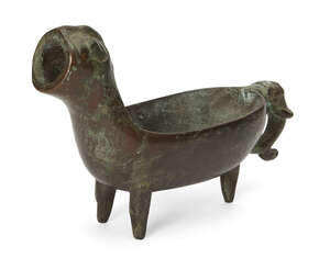 
	
		A Chinese bronze archaistic zoomorphic pouring vessel, late Qing dynasty, the handle cast...