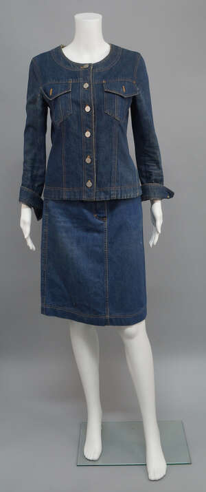 
	
		Chanel: a denim jacket and skirt, the collarless jacket with two breast pockets and...