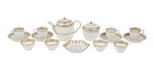 A Caughley part tea and coffee service, 18th century, possibly with decoration from James Giles, each piece with moulded ribbed body, applied with cream glaze 