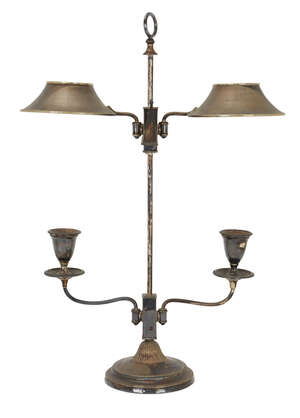 
	
		An old Sheffield plate reading lamp, 1st half 19th century, the two arms adjustable on...