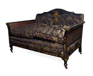 
	
		A black Japanned, parcel gilt and caned suite, early 20th century, comprising a two seat...