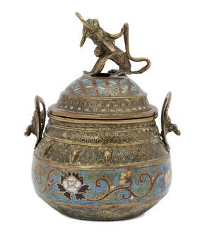 
	
		A Chinese brass and champlevé enamel incense burner, late Qing dynasty, with mythical...